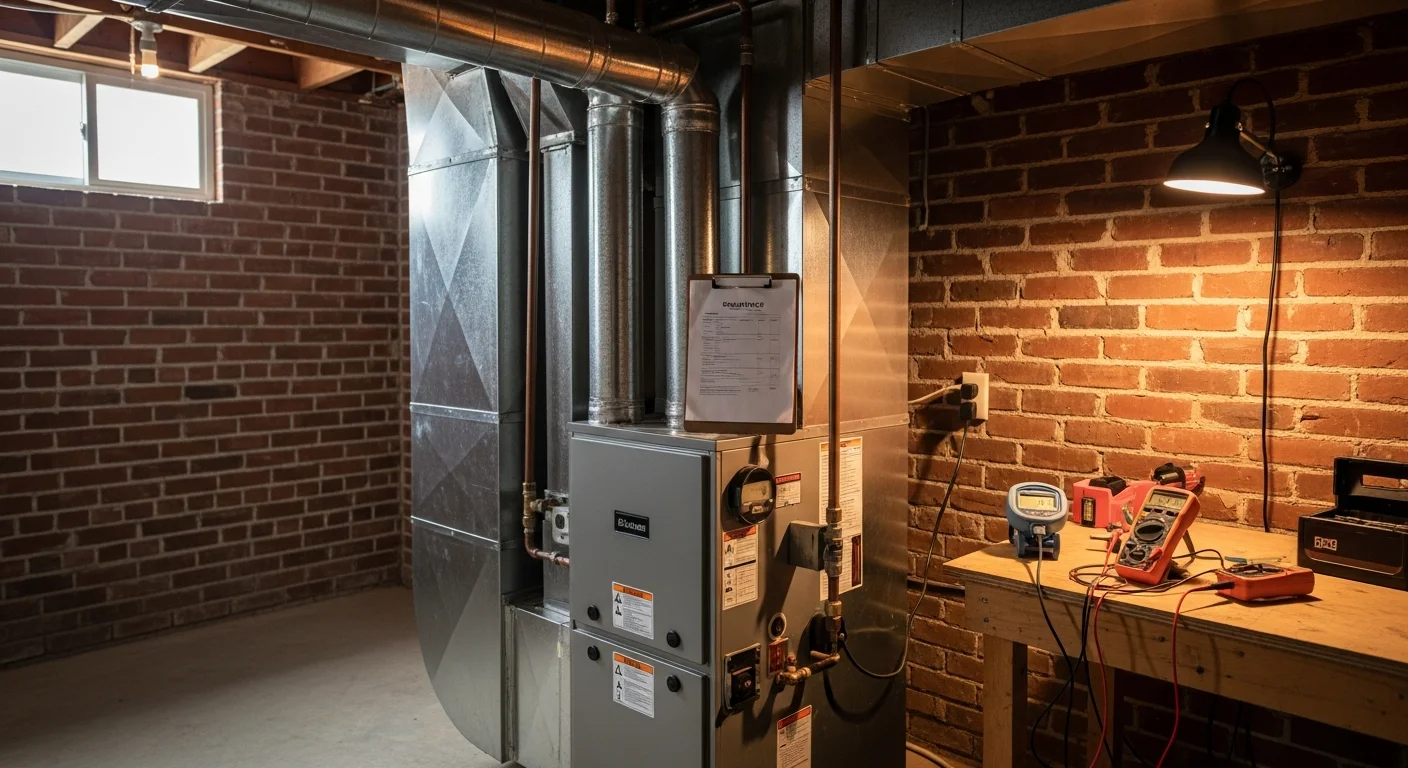 Technician inspecting gas furnace in residential basement