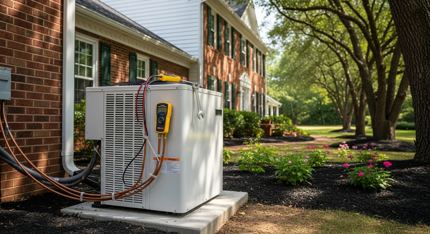 HVAC technician performing air conditioning repair on residential unit
