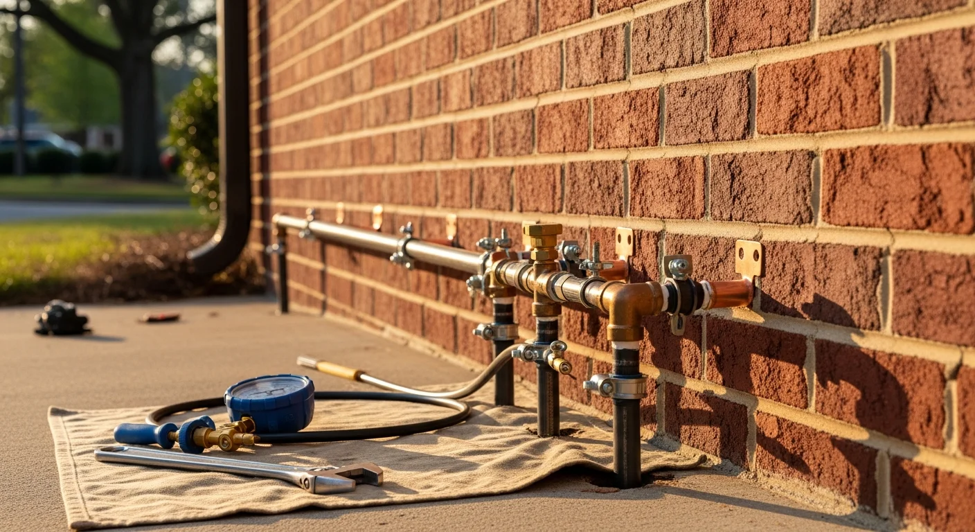 Technician inspecting gas line connection on furnace