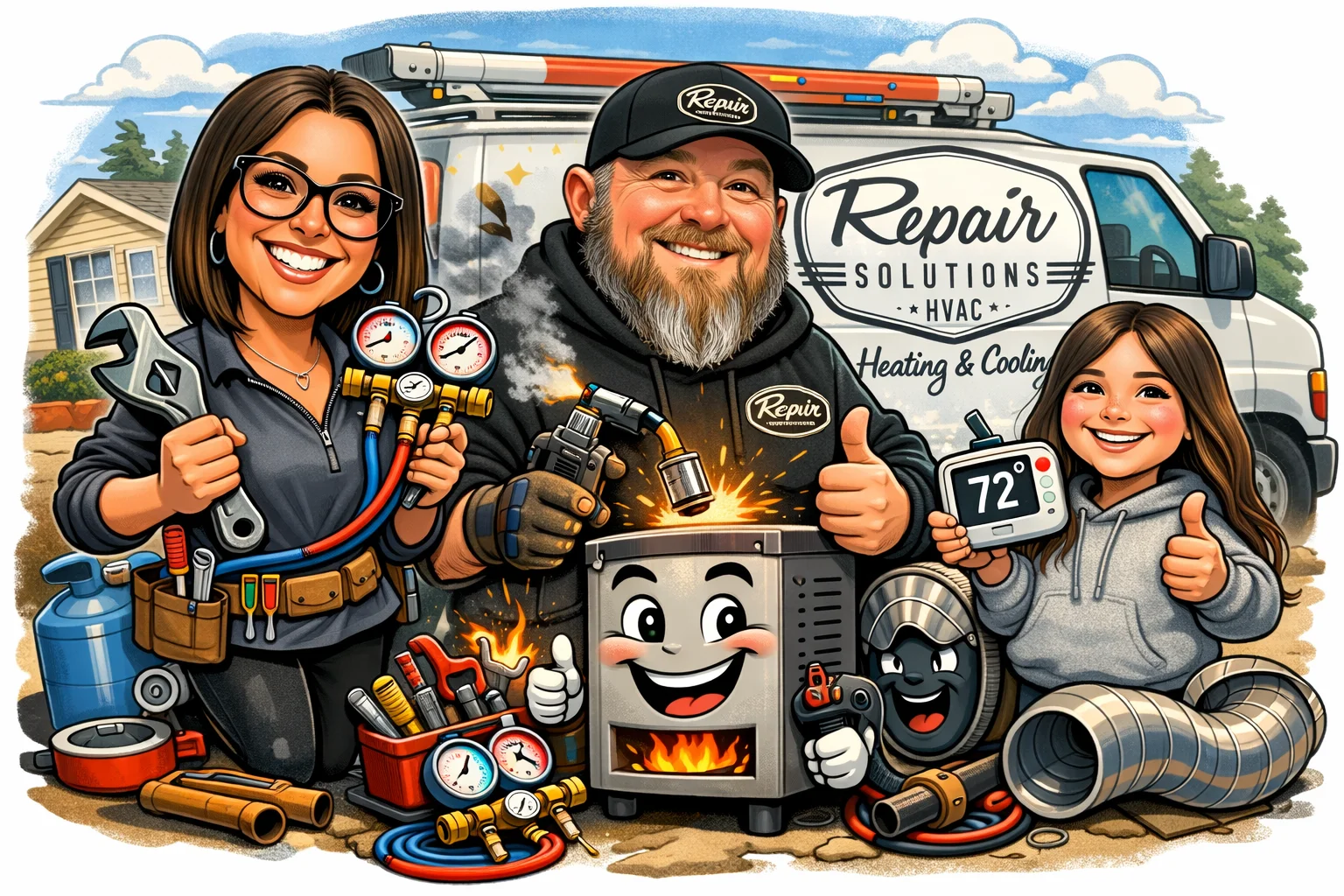 HVAC technicians with service tools, gauges, refrigerant lines, ductwork, and heating equipment illustration