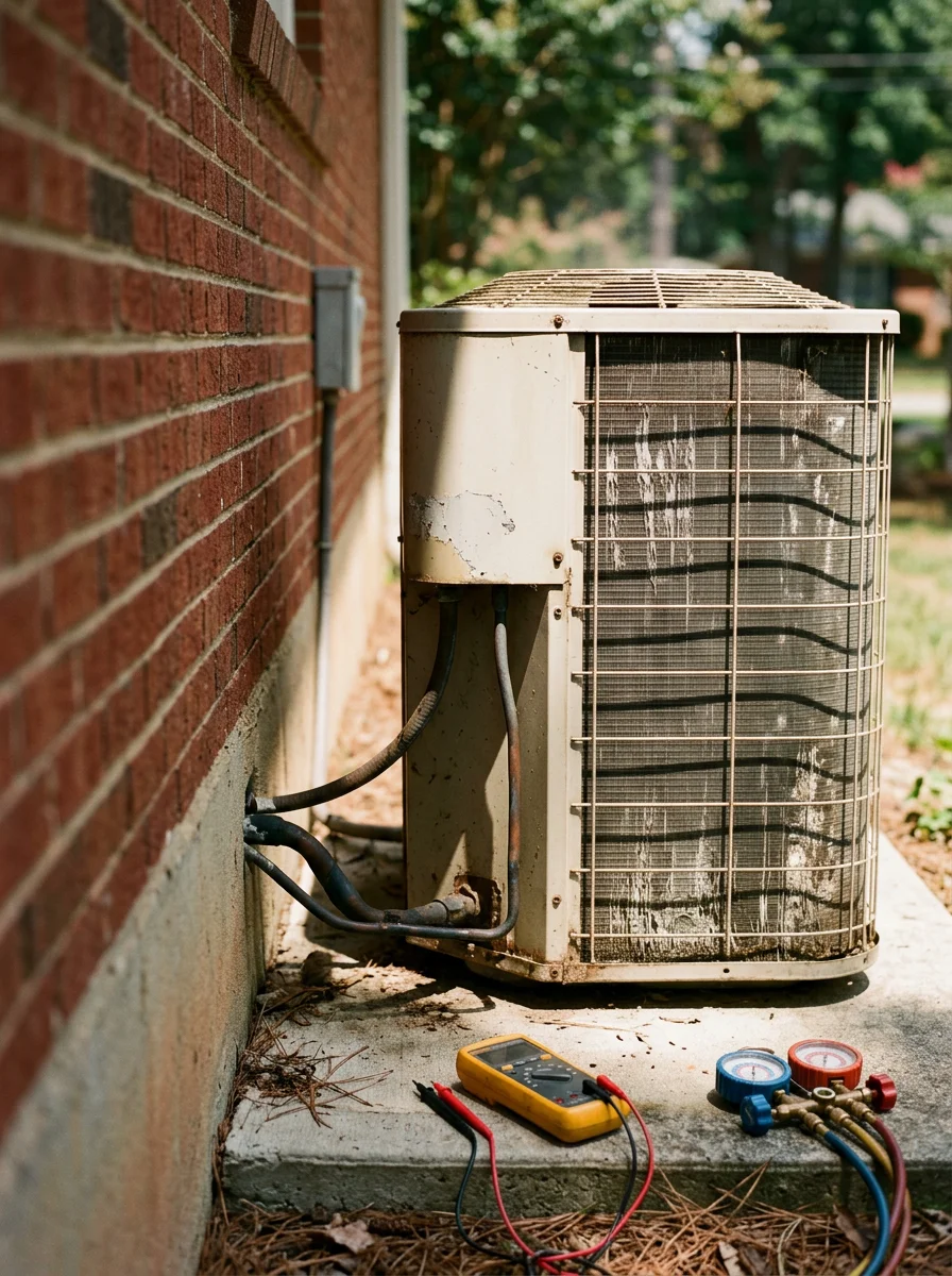 HVAC technician inspecting outdoor air conditioning unit on a hot summer day in Jamestown, NC