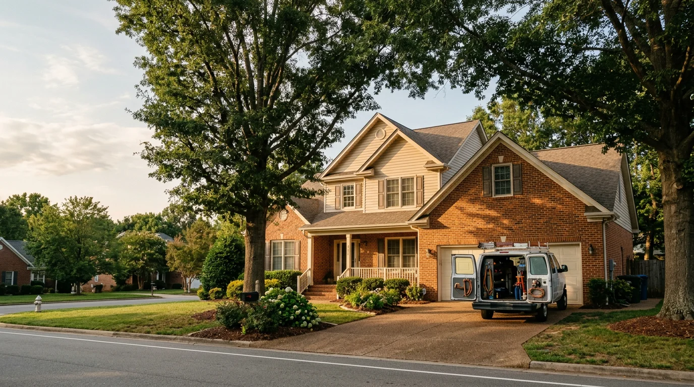 Suburban Jamestown, NC home with brick exterior and mature trees, representing typical 1980s–2000s residential construction in Guilford County