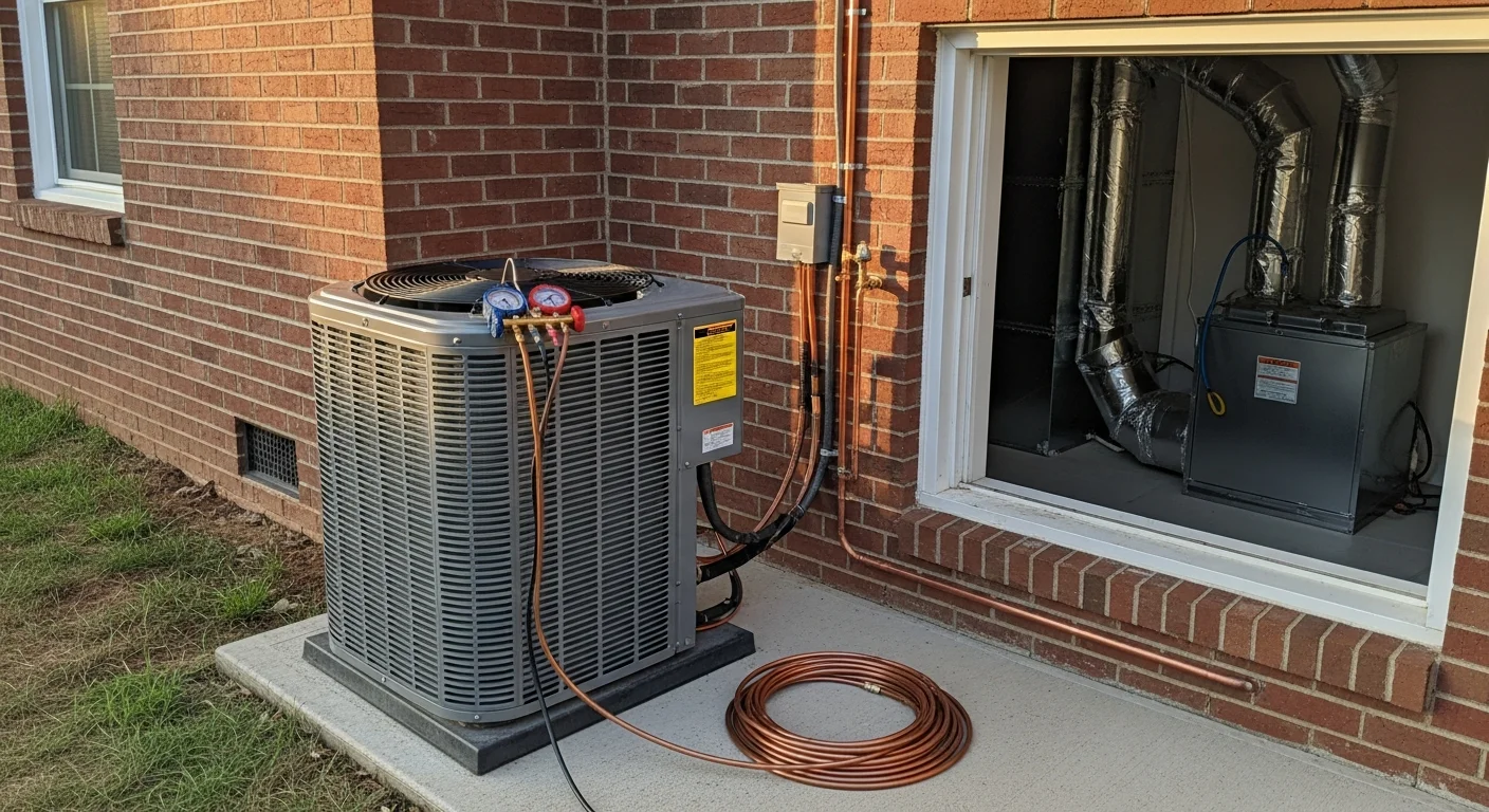 A Repair Solutions HVAC technician installing an outdoor air conditioning condenser unit beside a single-family home in Brown Summit, NC. The unit is positioned on a concrete pad next to the home's exterior wall on a clear summer day.