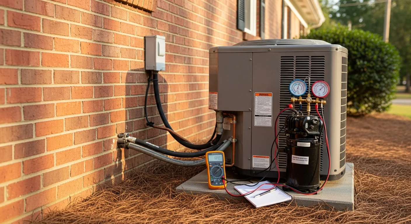 A Repair Solutions HVAC technician inspecting the outdoor condenser unit of a residential air conditioning system at a single-family home in Brown Summit, NC. The technician is checking internal components with a service tool on a clear summer day.