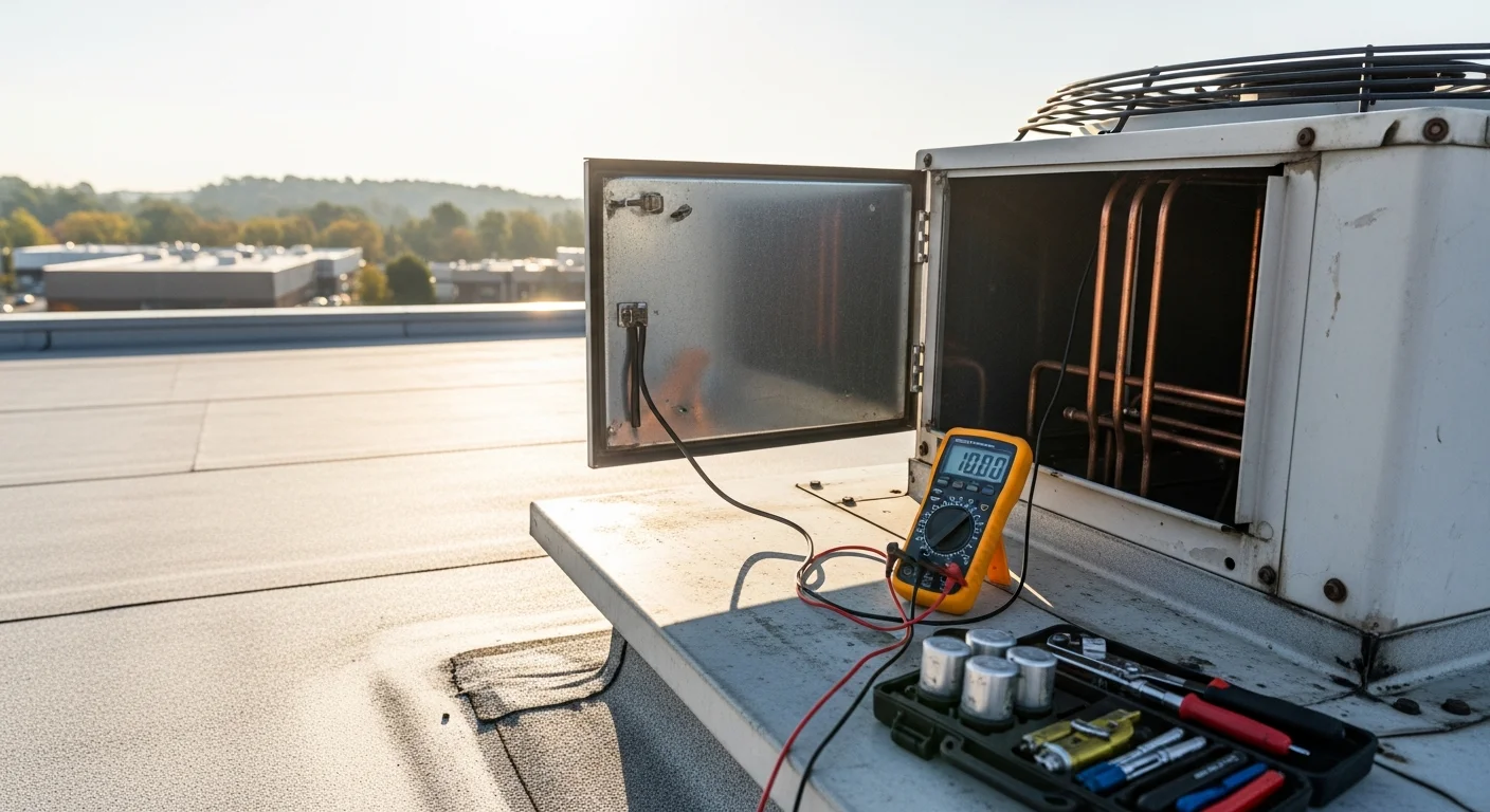 A commercial HVAC technician inspecting a rooftop packaged unit on a light commercial building in Brown Summit, NC. The technician checks refrigerant lines and electrical components during a diagnostic service visit.
