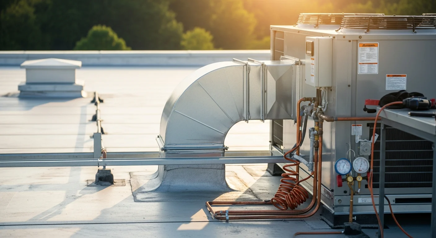 A licensed HVAC technician inspecting a newly installed commercial rooftop unit on a single-story commercial building in Brown Summit, NC. The unit is mounted on a roof curb with visible ductwork connections and a clear blue sky in the background.
