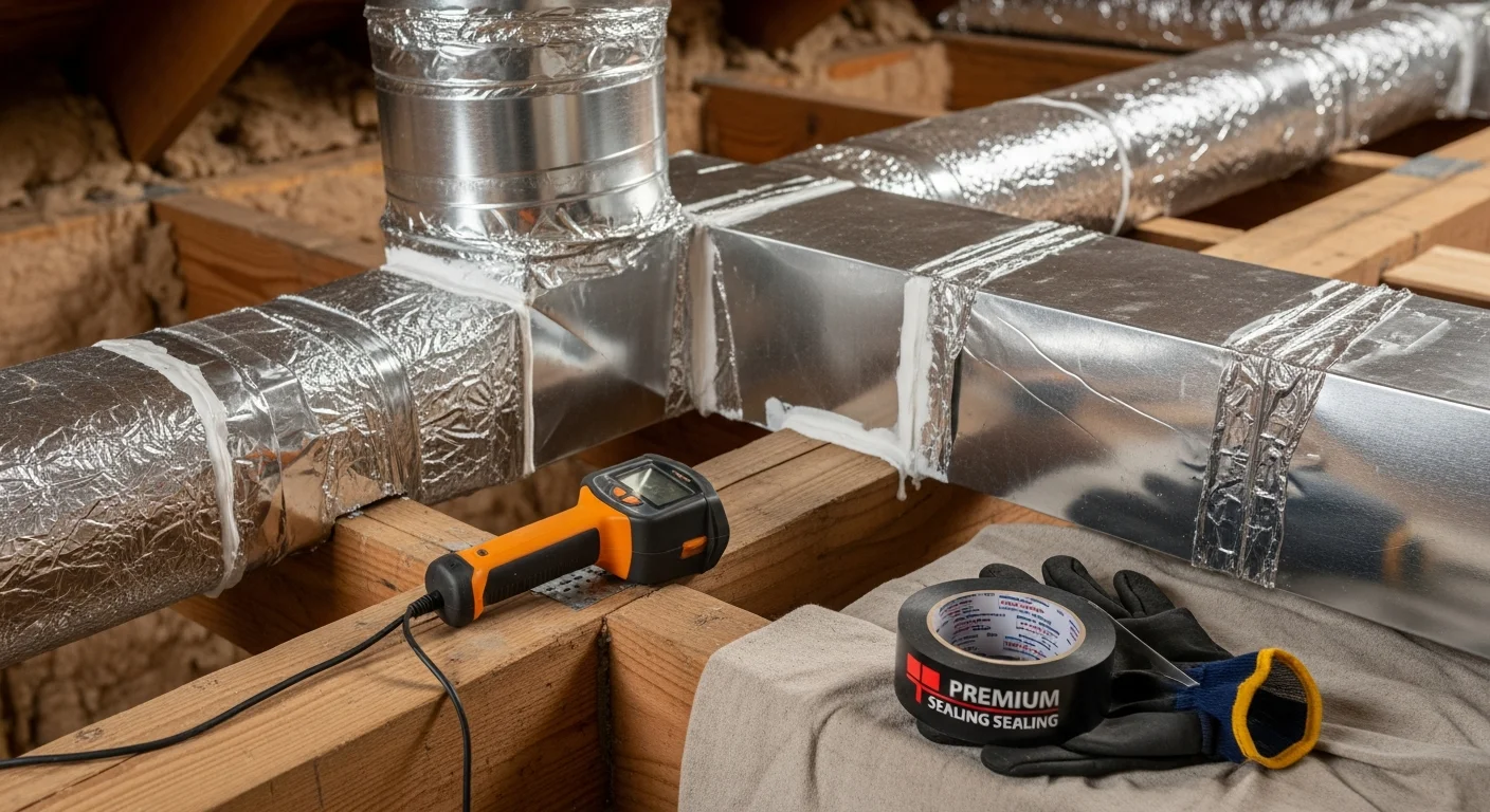 A Repair Solutions HVAC technician inspecting and sealing ductwork connections in the attic of a Brown Summit, NC home. Close-up view of sealed duct joints with professional mastic sealant applied at supply and return connections.