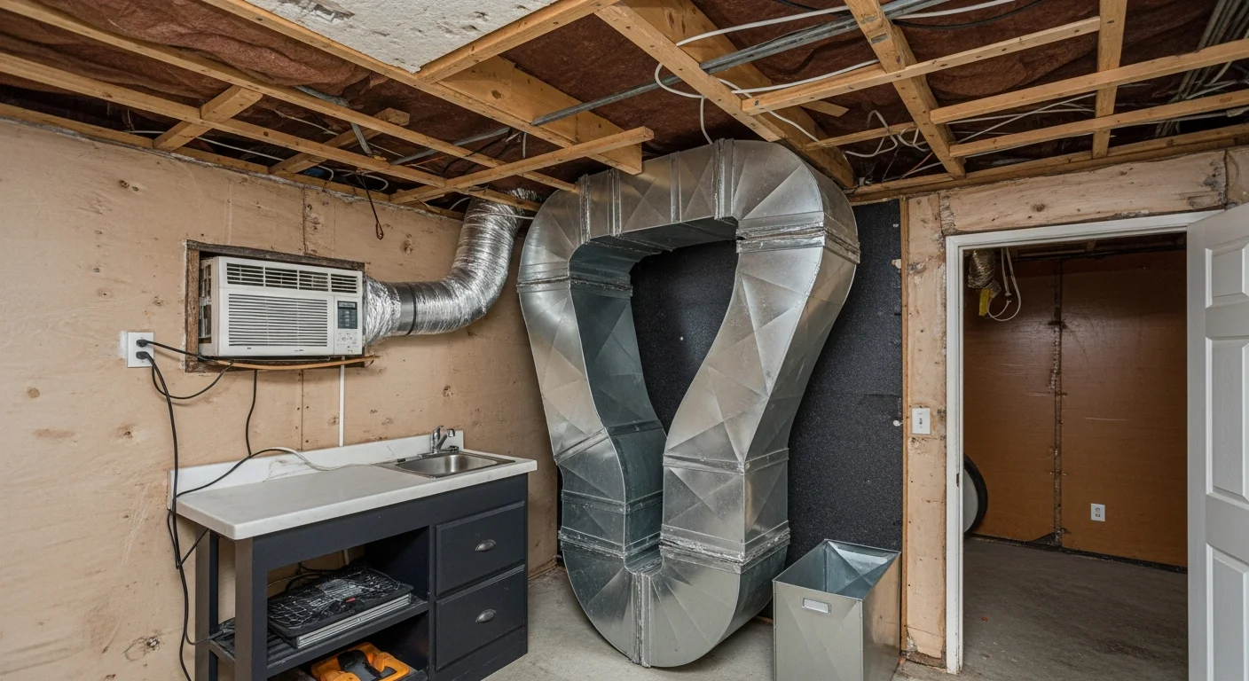 A technician from Repair Solutions HVAC sealing a leaking flex duct joint in a Brown Summit home crawl space. The repaired duct section shows fresh mastic sealant applied at the connection point.