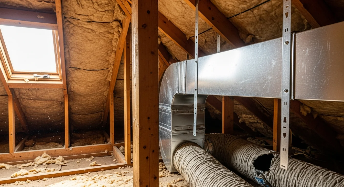 A Repair Solutions HVAC technician inspecting newly installed ductwork in the attic of a Brown Summit, NC home. Clean, properly sealed duct sections run across the attic floor, replacing old deteriorated ductwork.