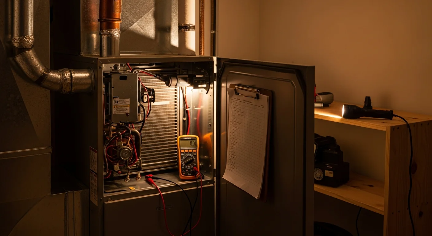 A Repair Solutions HVAC technician inspecting a residential furnace inside a single-family home in Brown Summit, NC. The technician is checking internal heating components with a diagnostic tool during an emergency service call.