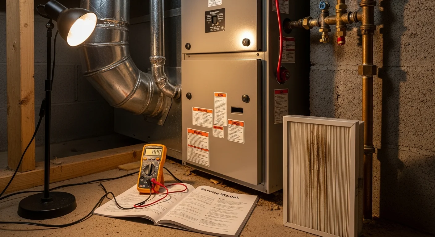 A licensed HVAC technician inspecting the internal components of a gas furnace inside a Brown Summit, NC home. The technician is checking the flame sensor and blower motor during a repair service call.