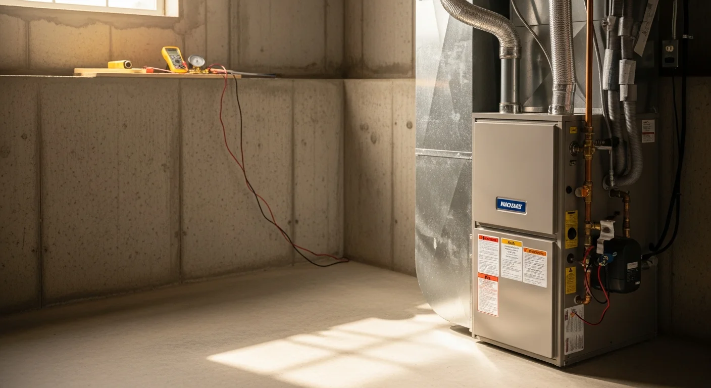 A new gas furnace installed in a Brown Summit home utility room, with clean ductwork connections and a visible gas line fitting. A Repair Solutions HVAC technician checks airflow output at a nearby floor register.