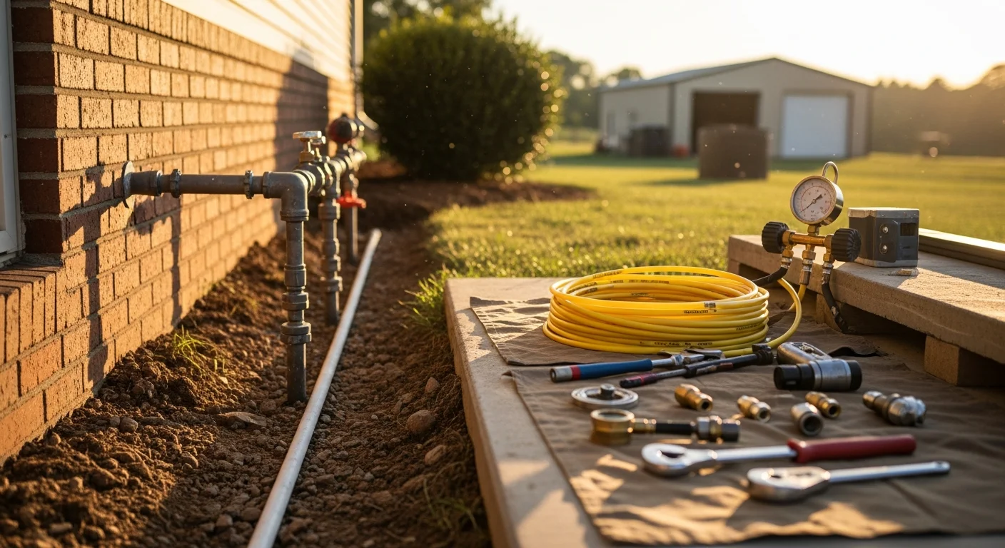 A licensed plumber from Repair Solutions HVAC inspecting a newly installed underground gas line at a single-family home in Brown Summit, NC. The image shows exposed pipe at a trench alongside a brick ranch home on a large residential lot.
