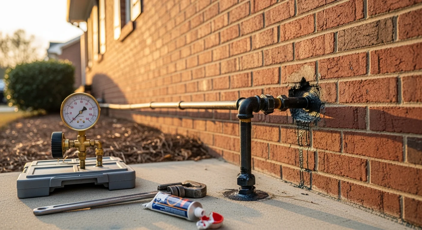 A licensed plumber inspecting an exposed residential gas line connection at a single-family home in Brown Summit, NC. The technician uses a pressure gauge to test the repaired line before restoring service.
