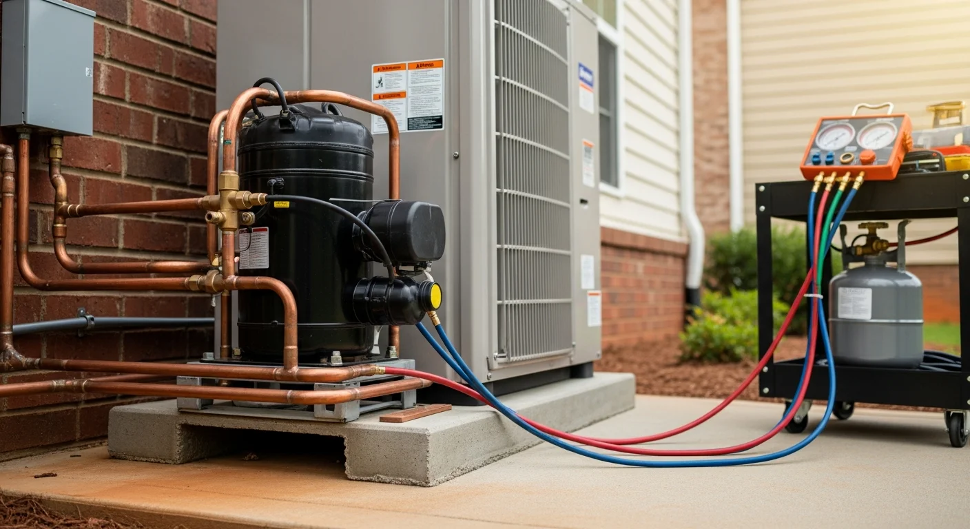 A Repair Solutions HVAC technician inspecting the outdoor condenser unit of a residential heat pump at a home in Brown Summit, NC. The technician checks refrigerant lines and electrical connections on a clear day.