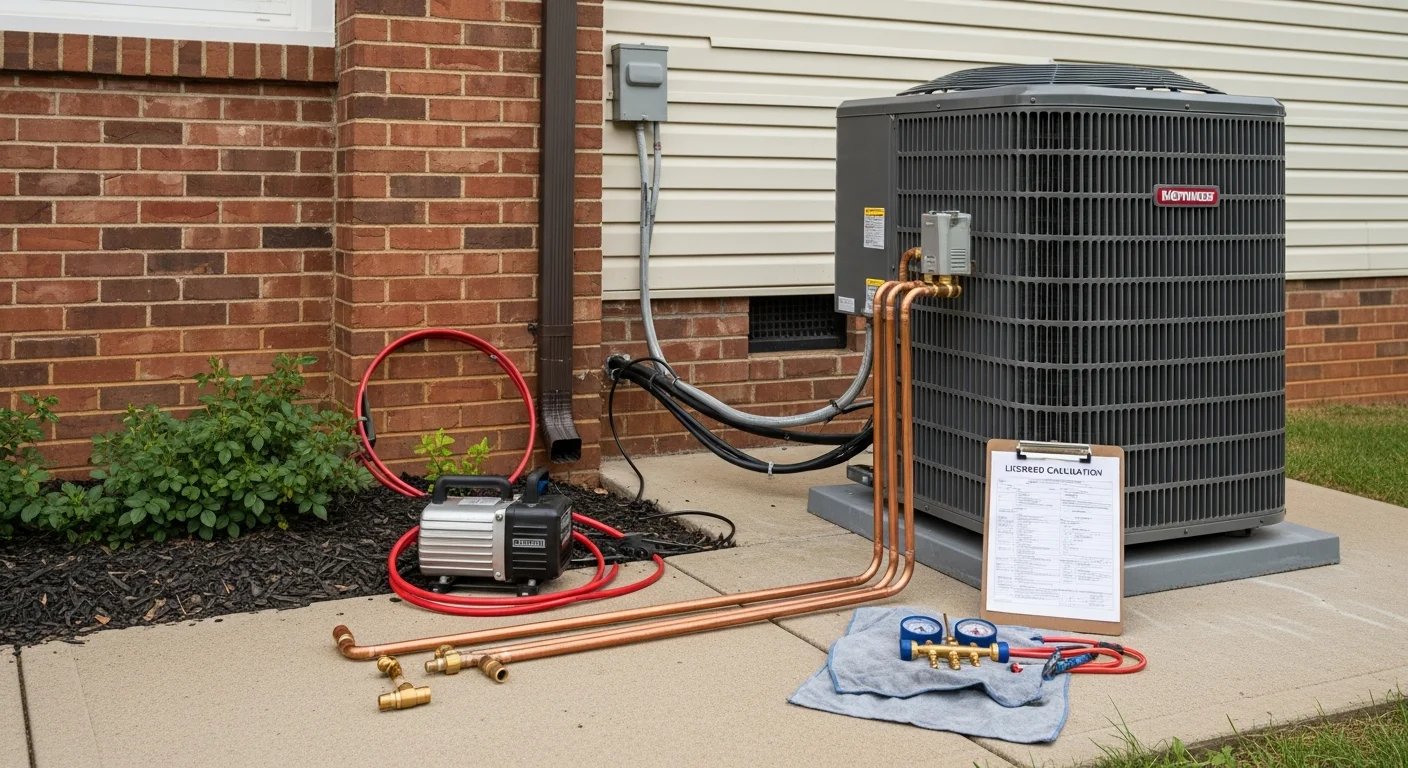 A licensed HVAC technician installs a new heat pump outdoor unit at a residential home in Brown Summit, NC. The old unit has been removed and the new system is staged for final connection and testing.