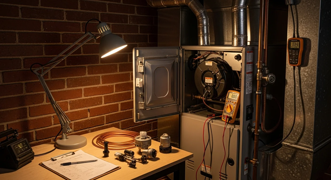 A Repair Solutions HVAC technician inspecting an open furnace cabinet inside a single-family home in Brown Summit, NC. The technician is checking internal components with a diagnostic tool during a heating system repair visit.