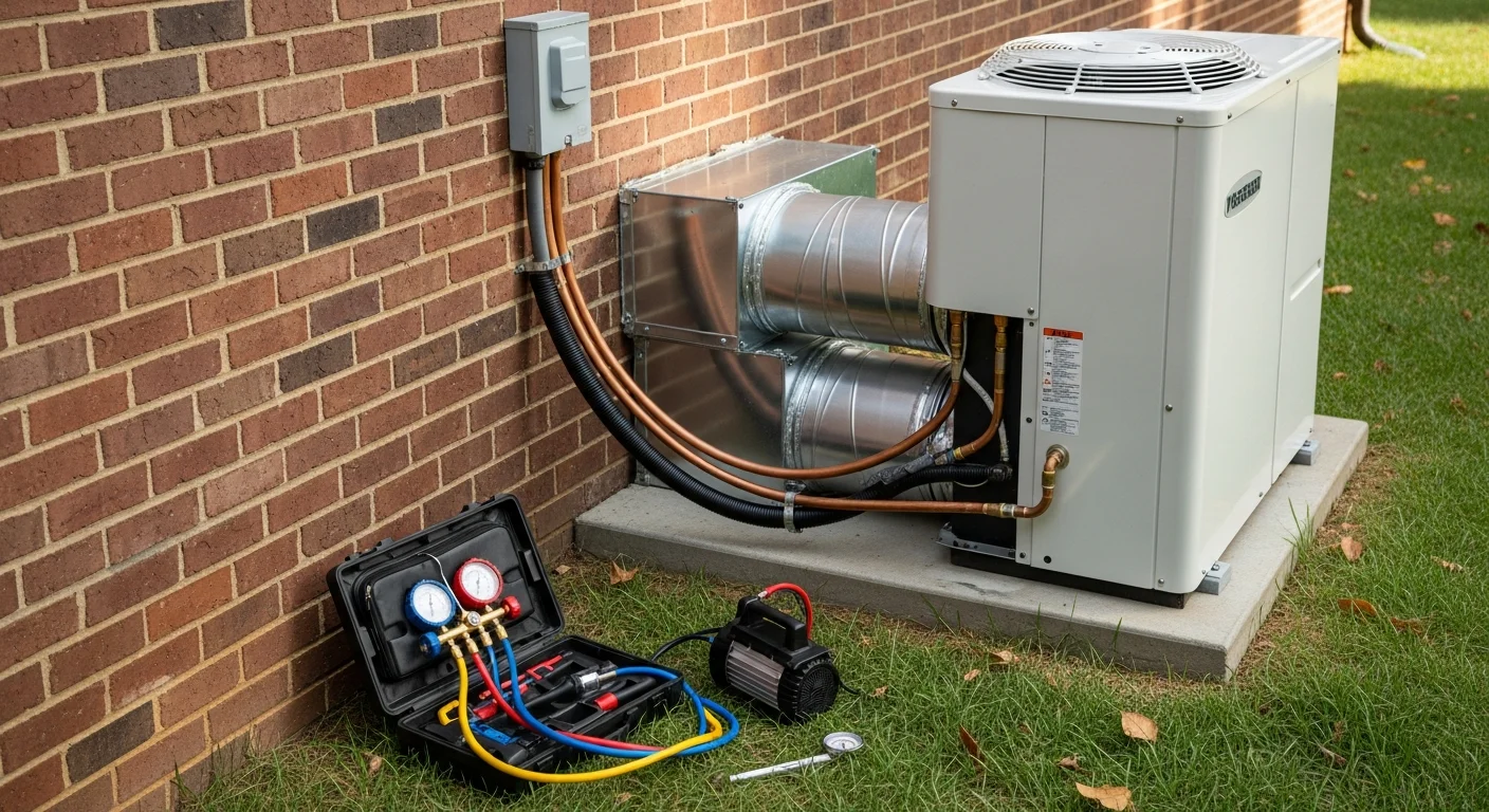 A newly installed HVAC system on the exterior of a residential home in Brown Summit, NC. The outdoor condenser unit sits on a concrete pad beside the house, with clean refrigerant lines running to the exterior wall.
