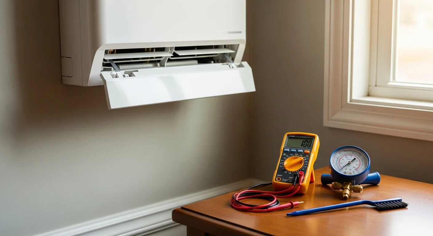 A technician from Repair Solutions HVAC inspecting the outdoor condenser unit of a ductless mini split system at a single-family home in Brown Summit, NC. The indoor air handler mounted on the interior wall is visible through the window behind the technician.