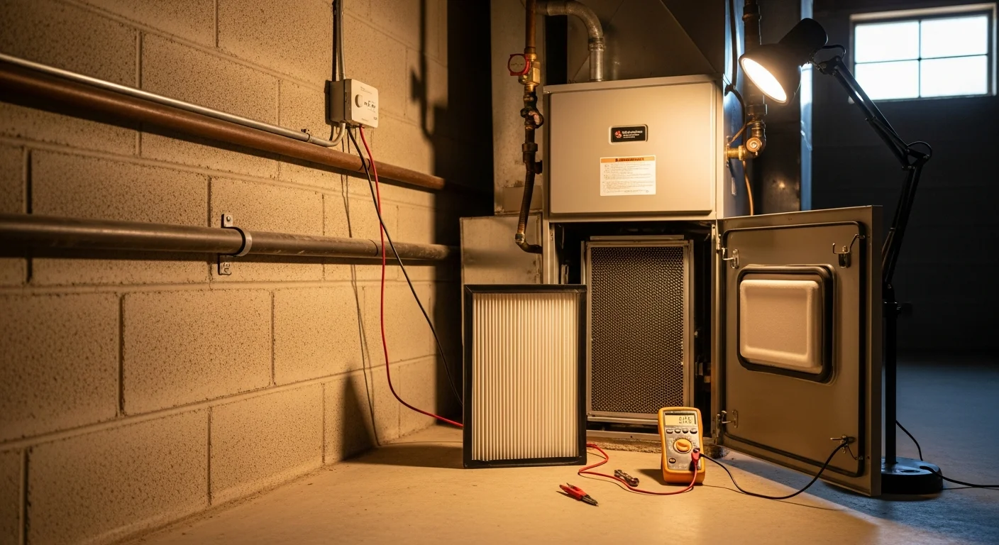 A heating technician from Repair Solutions HVAC inspecting a furnace inside a single-family home in Brown Summit, NC. The technician checks the heat exchanger and burner assembly during a seasonal maintenance visit.